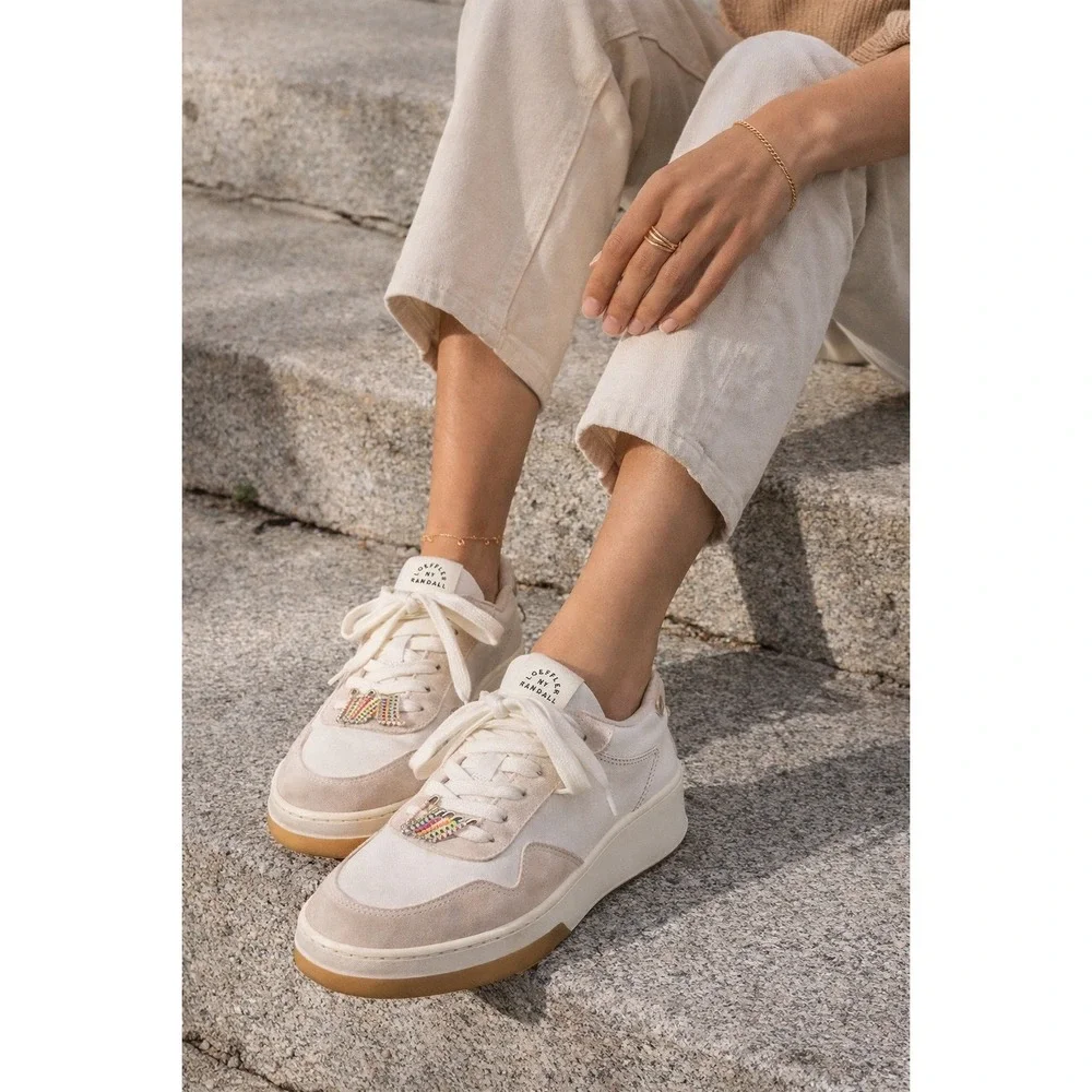 Loeffler Randall Gia Sneakers 7.5 Cream Suede Canvas Leopard Beaded Portugal